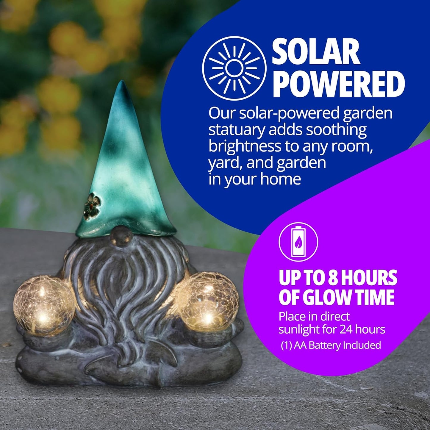 Exhart Garden Sculpture, Meditating Yoga Solar Garden Gnome Statue. LED Flower Hat with 2 Glass Crackle Balls, Outdoor Garden Decoration, 9 x 11.5 Inch