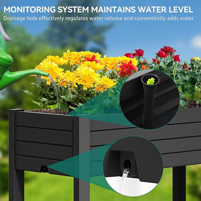 YITAHOME 43.3x17.7x34 in Elevated Garden Bed, Outdoor Plastic Planter Box with Wheels, Legs, Drain Plug, and Storage Shelf for Plants, Vegetables, Flowers, Herbs, Black