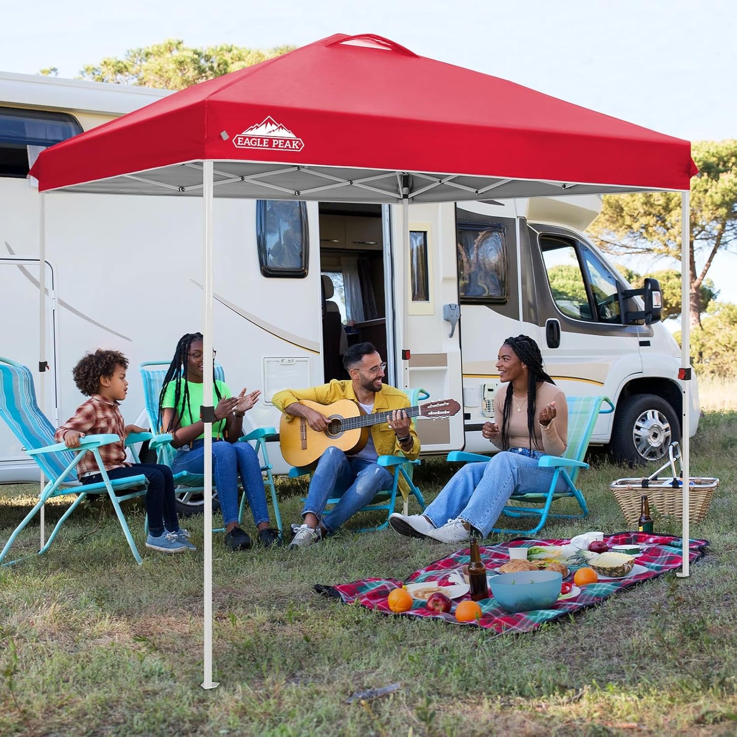 EAGLE PEAK Pop Up Canopy Tent with Wheeled Carry Bag, 8 Stakes, 4 Ropes, Easy Set Up Tent Canopy, 8x8 ft, Red
