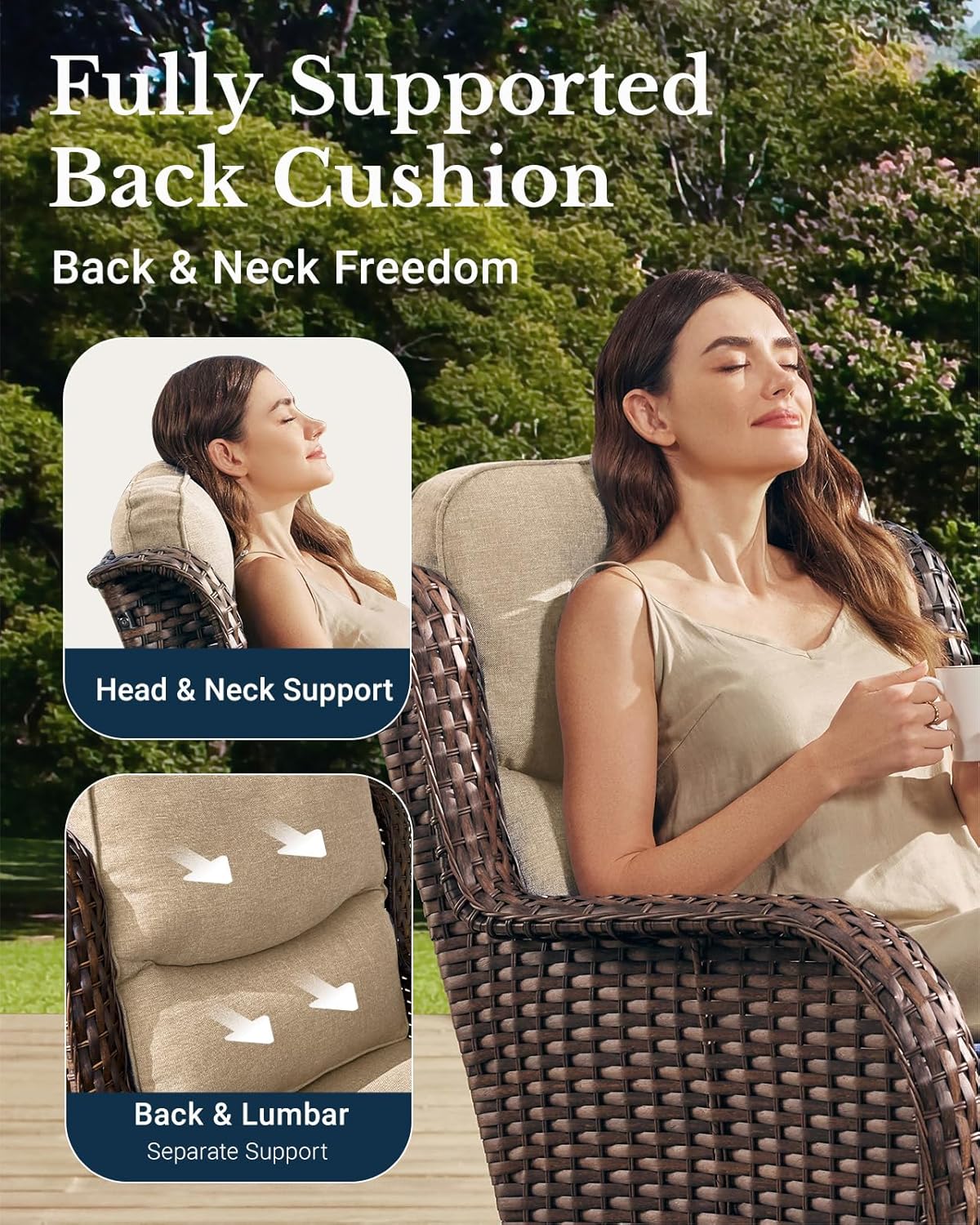 HILLGA Luxury Patio Furniture Set with 6-inch Thick Cushion, Outdoor Couch and High Back Swivel Rocker Patio Chairs, 11PCS Wicker Conversation Set for Deck Yard and Poolside, Beige (V2)