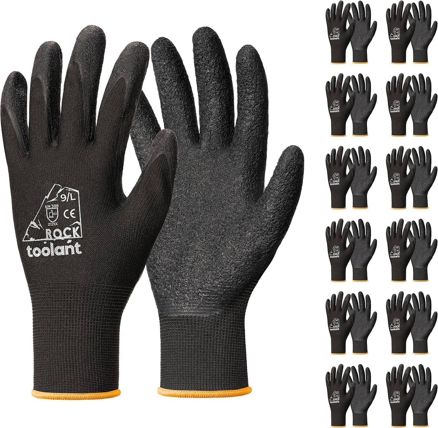 toolant Crinkle Latex Work Gloves Bulk, Rubber Coated Safety Work Gloves for Men and Women, 12 Pairs for Construction, Gardening, Warehouse (Black, Medium)