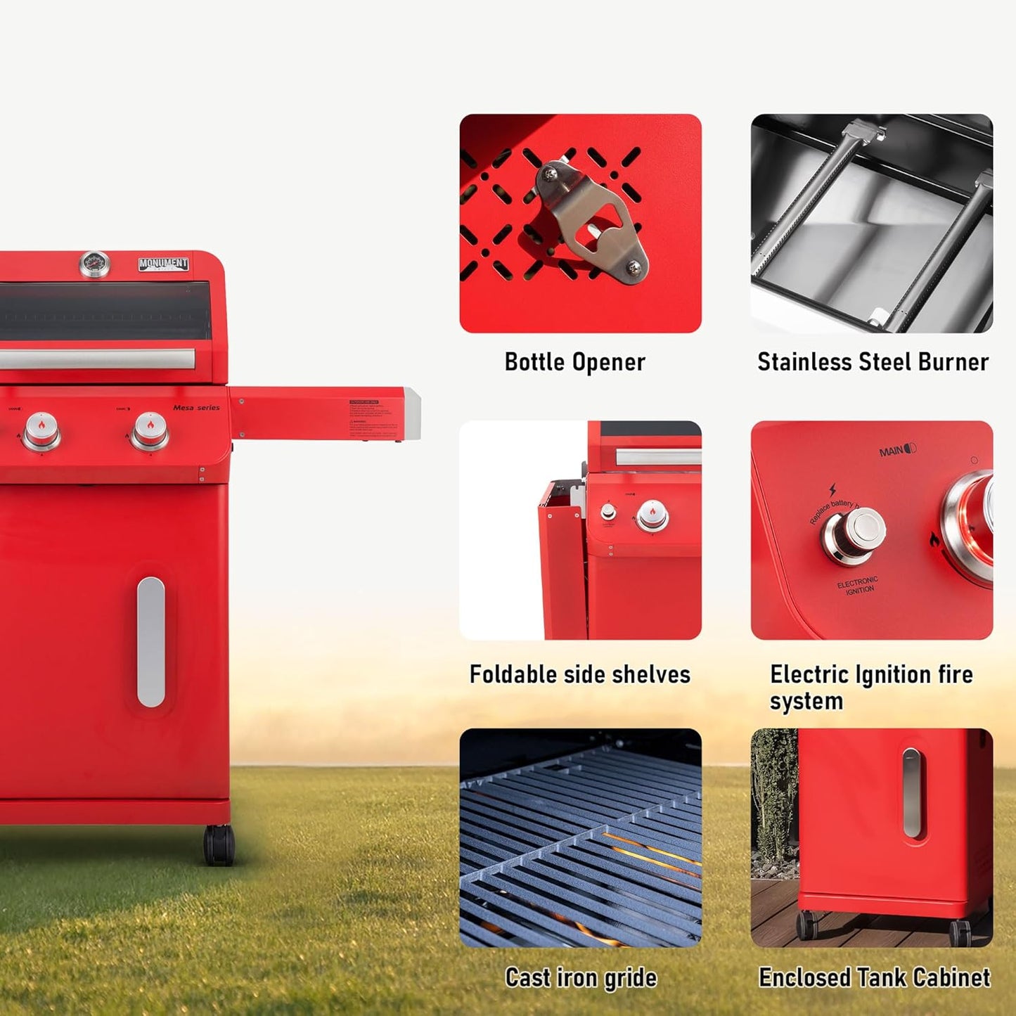 Monument Grills 2-Burner Stainless Steel Liquid Propane Gas Patio Garden Barbecue Grill with Clearview® Lid, Knob Control and Two Foldable Shelves Mesa200R, Red