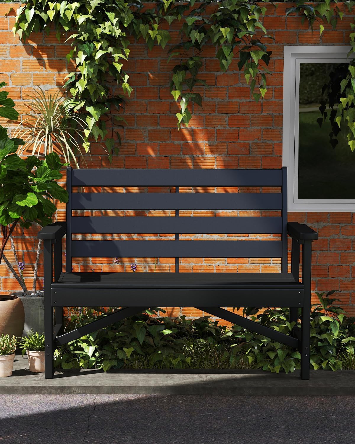 GREENVINES Outdoor Bench | 51.5’’ | HDPE | Garden Benches | Weatherproof | for Outdoors Patio Park Porch Outside Backyard | 2-Person | Black
