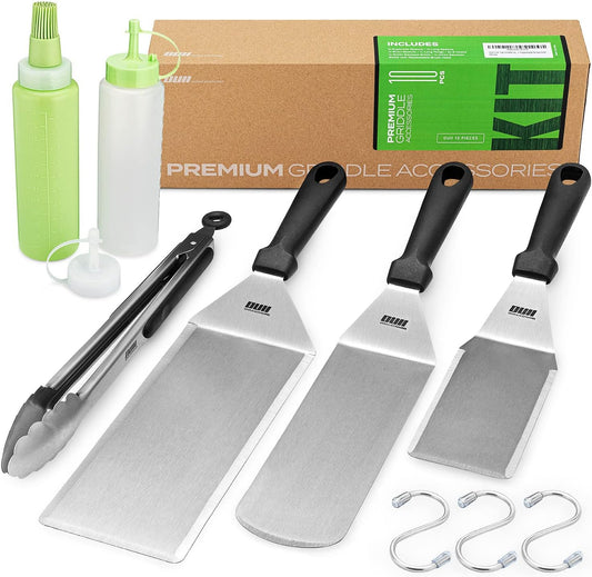 Griddle Accessories Kit for Blackstone and Camp Chef - 6 Pieces Griddle Spatula Set with 4x8 Inches Supersize Griddle Flipper, Turner, Metal Spatulas, Bottles & Hooks for Hibachi Grilling