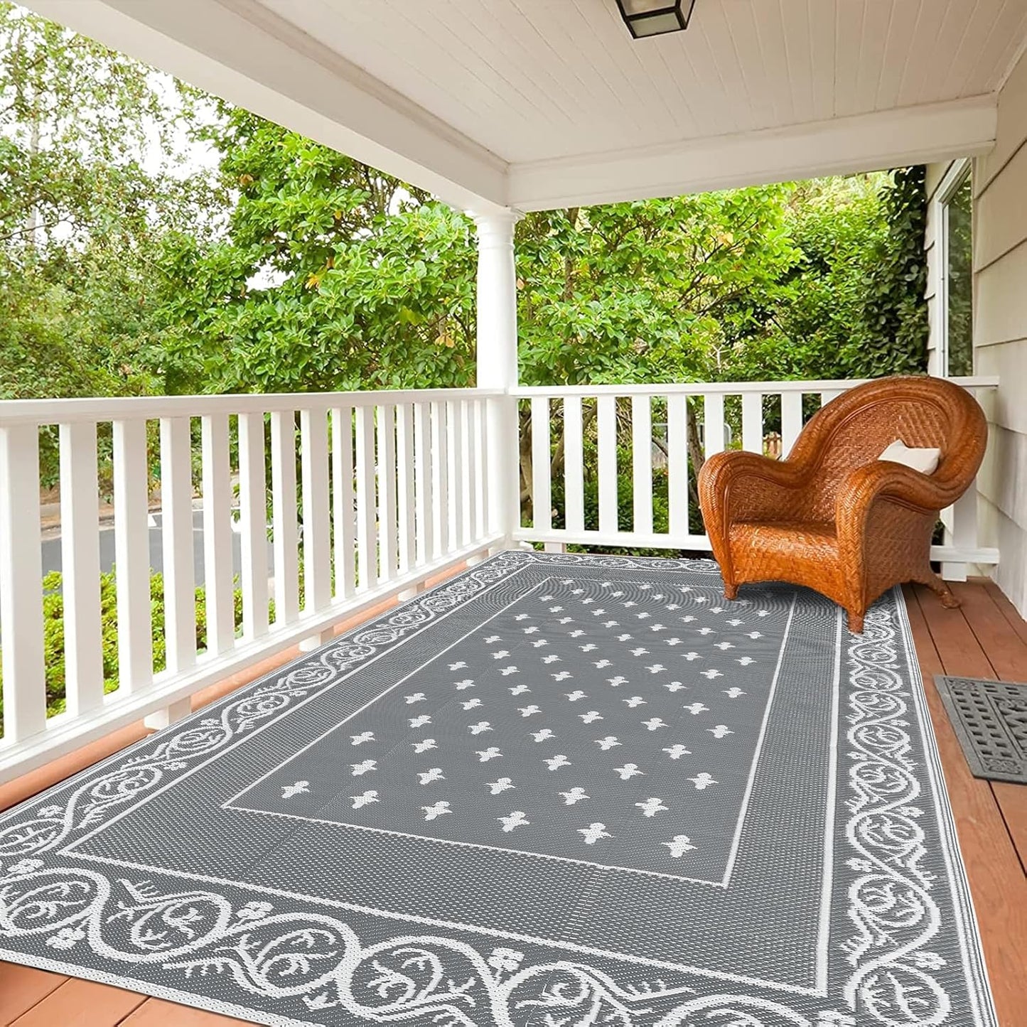 Pauwer Waterproof Outdoor Rug 6x9, Reversible Plastic Straw Patio Camping Rug, Indoor Outdoor RV Mat Carpet for Deck, Camper, Porch, Balcony, Backyard, Picnic, Bordered Grey