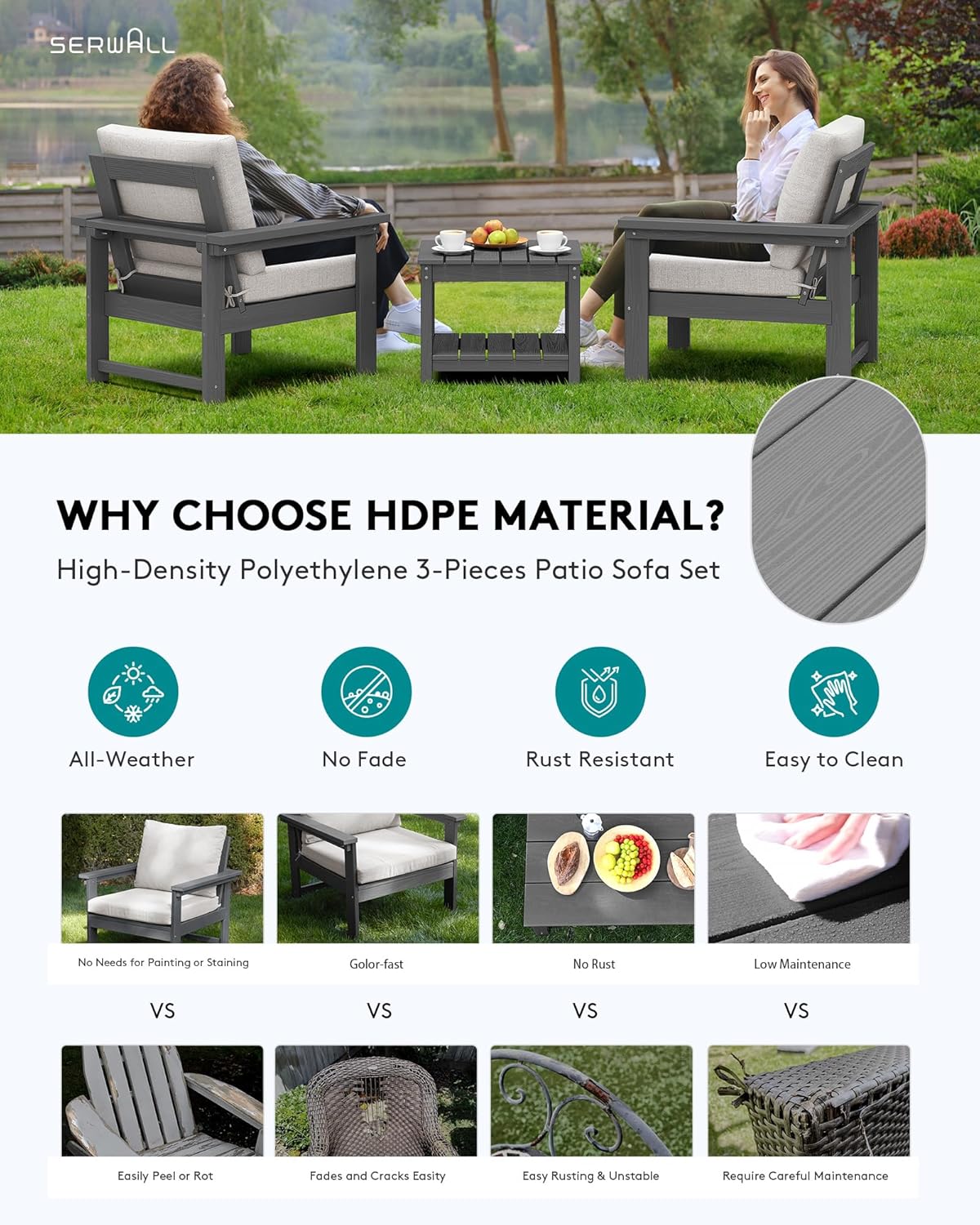 SERWALL Outdoor Patio Sofa Set, 2-Piece HDPE Single Seat Outdoor Sofa Chair with Padded Cushions, Gray Frame with Beige Cushion