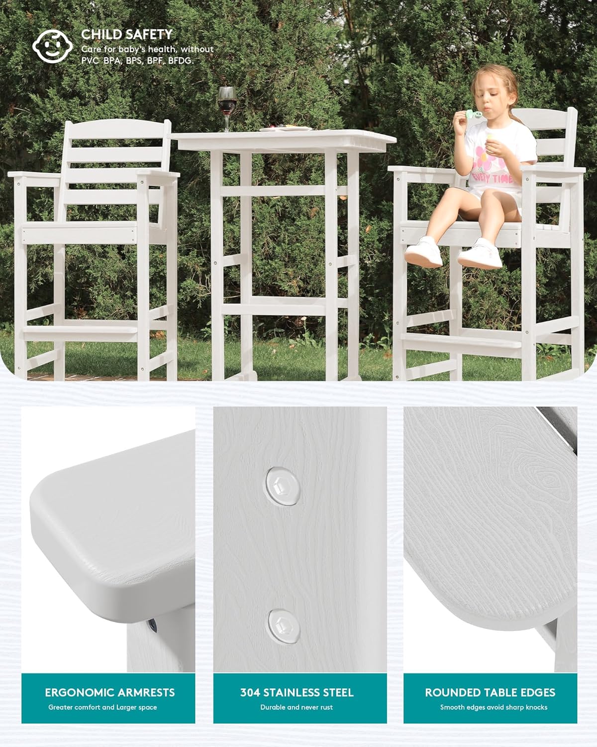 SERWALL Tall Adirondack Bar Chairs and Table 3 Pieces Set, Adirondack Bar Height Chairs Set of 2 and Bar Table, Outdoor Bar Stools Set for Bistro, Poolside, Backyard, White