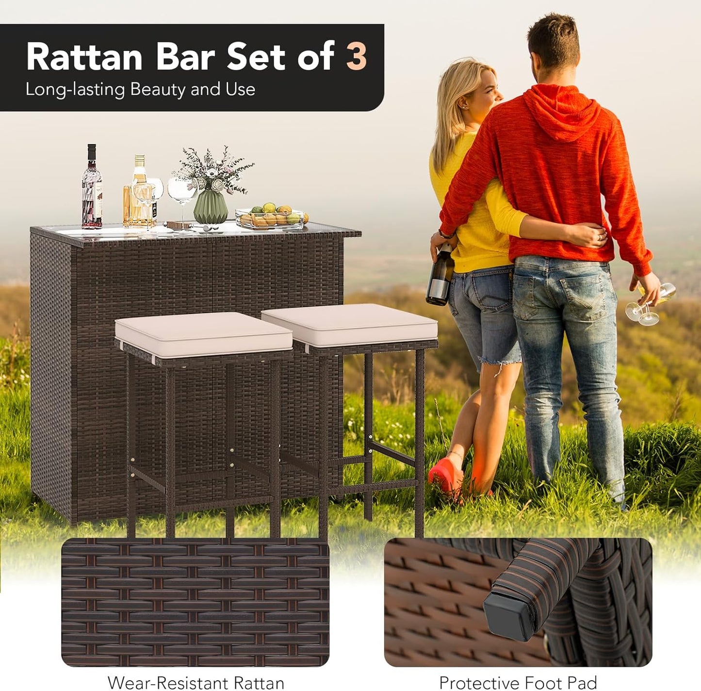 Tangkula 3 Piece Patio Bar Set, Outdoor Rattan Bar Table and 2 Stools with Tempered Glass Tabletop, 2-Tier Storage, Removable Cushions, Outside Wicker Conversation Set