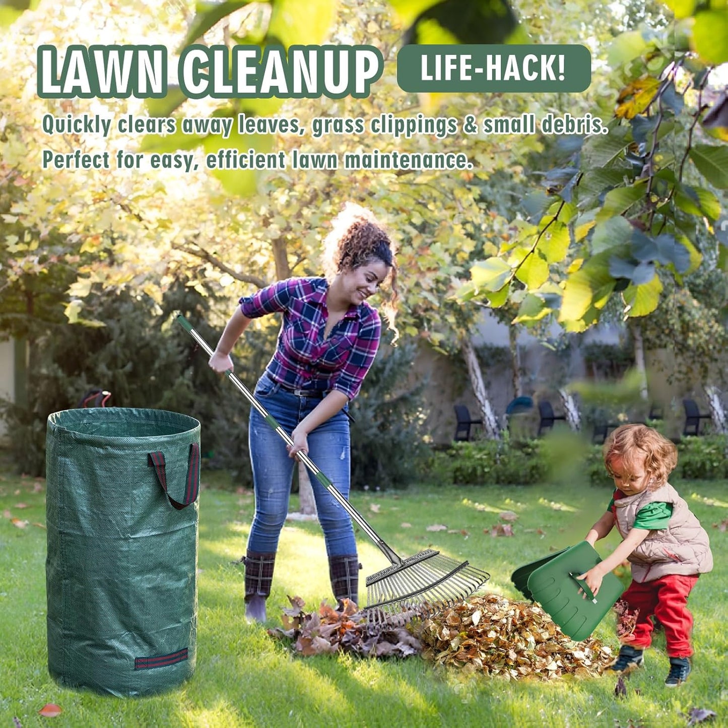 65" Rake,25-Tine Heavy Duty Garden Rake with Leaf Scoops & Bag - Non-Slip Fixed Handle Metal Rastrillo para Jardin for Lawn, Yard, Shrubs, Leaves, Debris