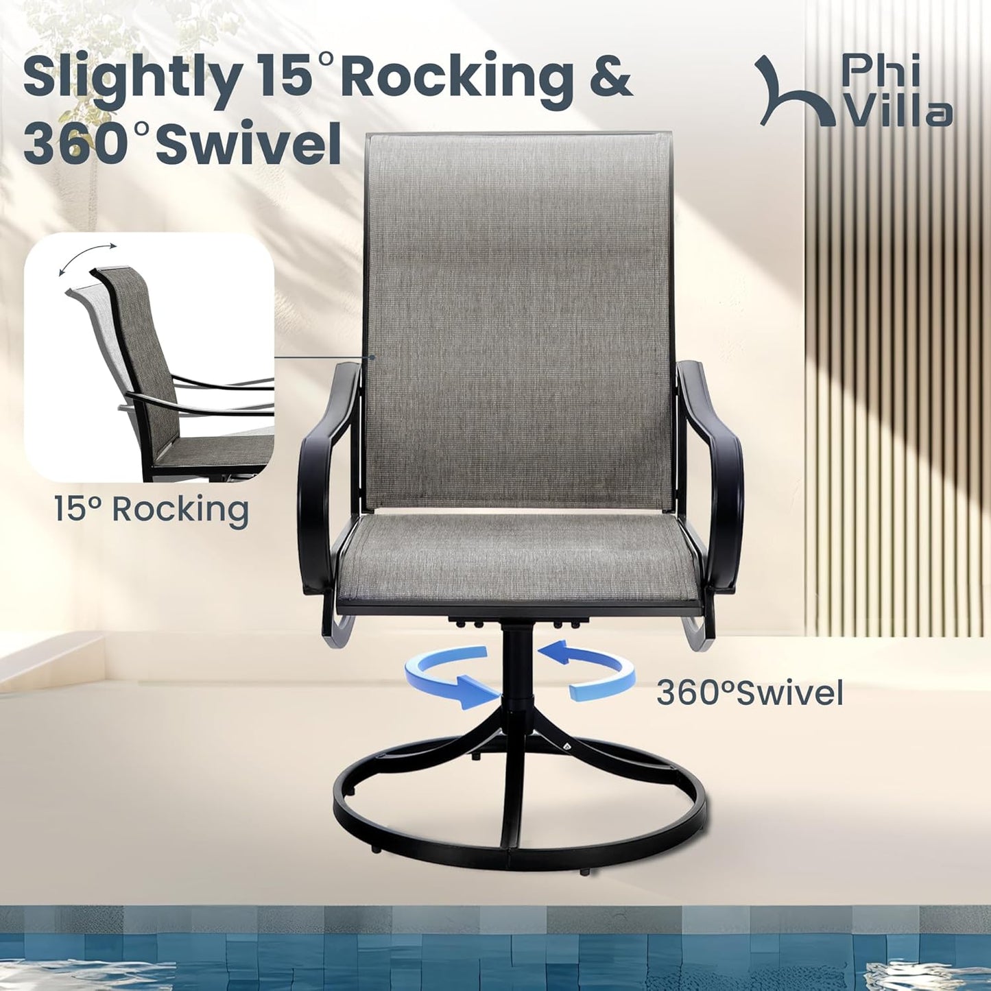 PHI VILLA Patio Swivel Dining Chairs Set of 4 Outdoor Metal Chair with Textilene Mesh Fabric, Patio Gentle Rocker Chair, Black Frame for Deck Garden