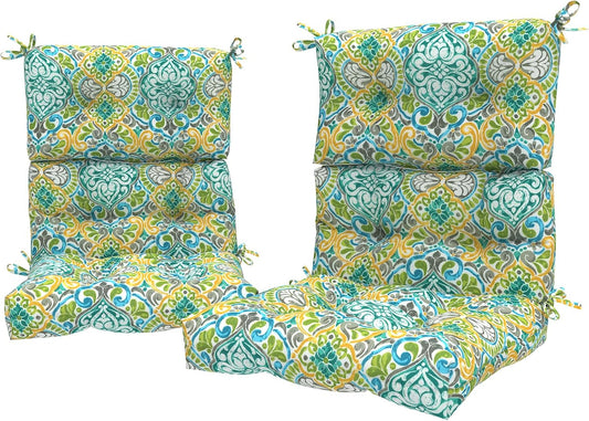 LVTXIII Outdoor Seat/Back Chair Cushion Patio Tufted High Back Cushion, Seasonal Replacement Rocking Chair Cushion with Ties (22” W x 20D”, Set of 2, Damask Green)