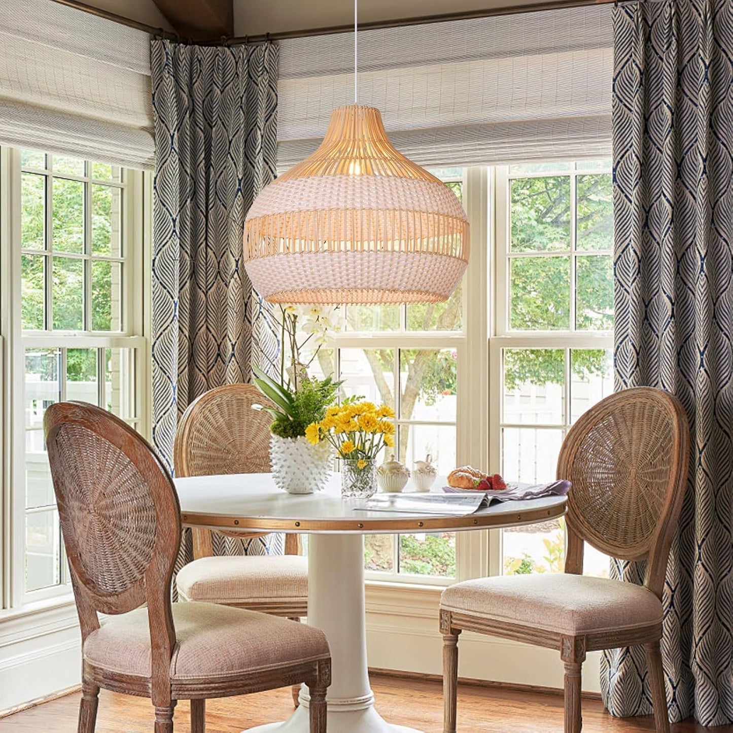 Arturesthome Woven Pendant Light 19.65" White Dining Room Lighting Adjustable Natural Rattan Pendant Lighting with Plastic for Restaurants Sitting Room