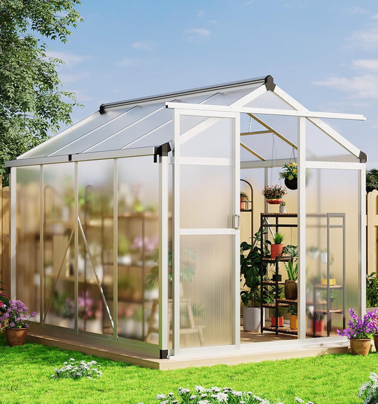 6x8 FT Greenhouse for Outdoors, Aluminum Greenhouse with Quick Setup Structure and Roof Vent, Polycarbonate Greenhouses Heavy Duty, Large Walk-in Green House for Winter Garden, Backyard, Patio, Lawn