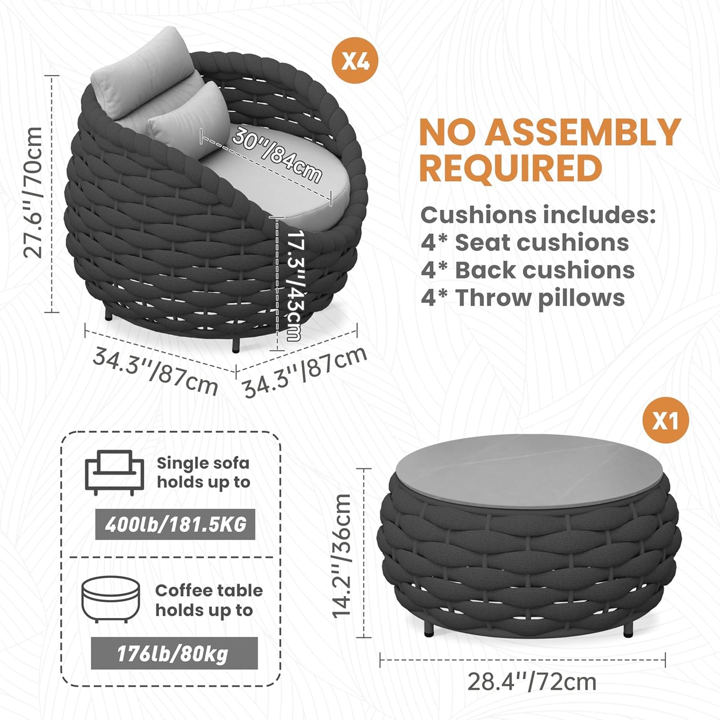 Front Porch Furniture Set: 5 Pieces Woven Rope Patio Conversation Set Aluminum - All Weather Cushioned Outdoor Sofa Set Assembled - Metal Modern Couch Set for 400lbs Deck Garden Poolside Hotel