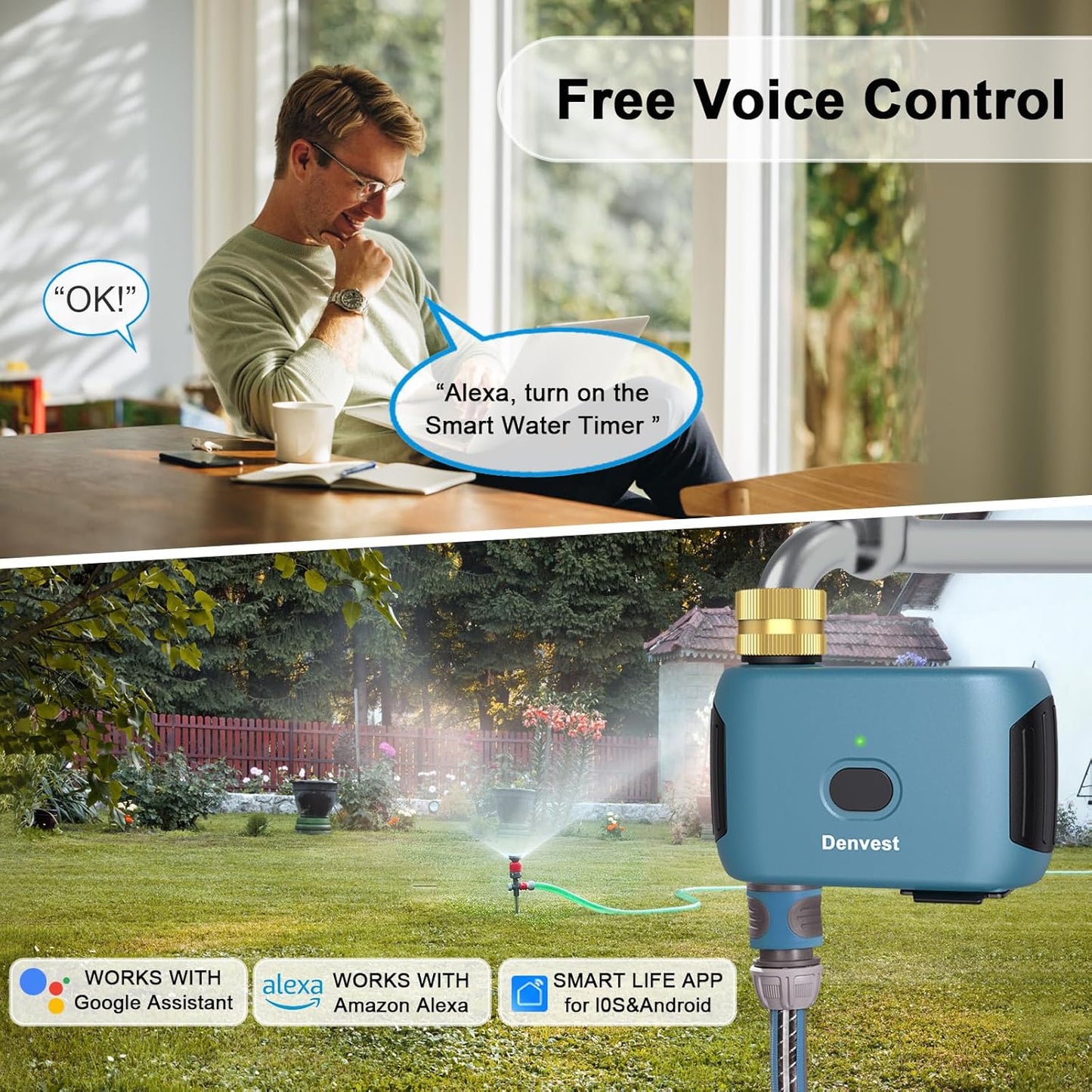 WiFi Water Timer with Brass Inlet & Outlet, 1 Zone Smart Sprinkler Timer for Garden Hose Faucet, Hose Timers with WiFi Hub, Up to 20 Watering Plans, APP & Voice Control, Compatible with Alexa