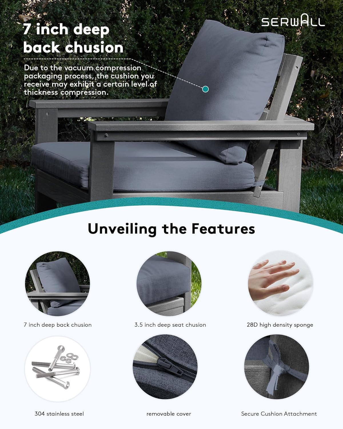 SERWALL HDPE Patio Sofa Set, 3-Piece Sectional Outdoor Furniture Set, All Weather Outdoor Couch Set Patio Furniture Set for Deck, Lawn, Grey Frame with Grey Cushion