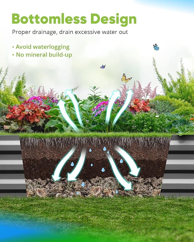 Quictent Galvanized Raised Garden Bed 8x4x1 Ft Metal Planter Box for Vegetables Bottomless for Backyard, 2 Tomato Cages Included, Dark Grey