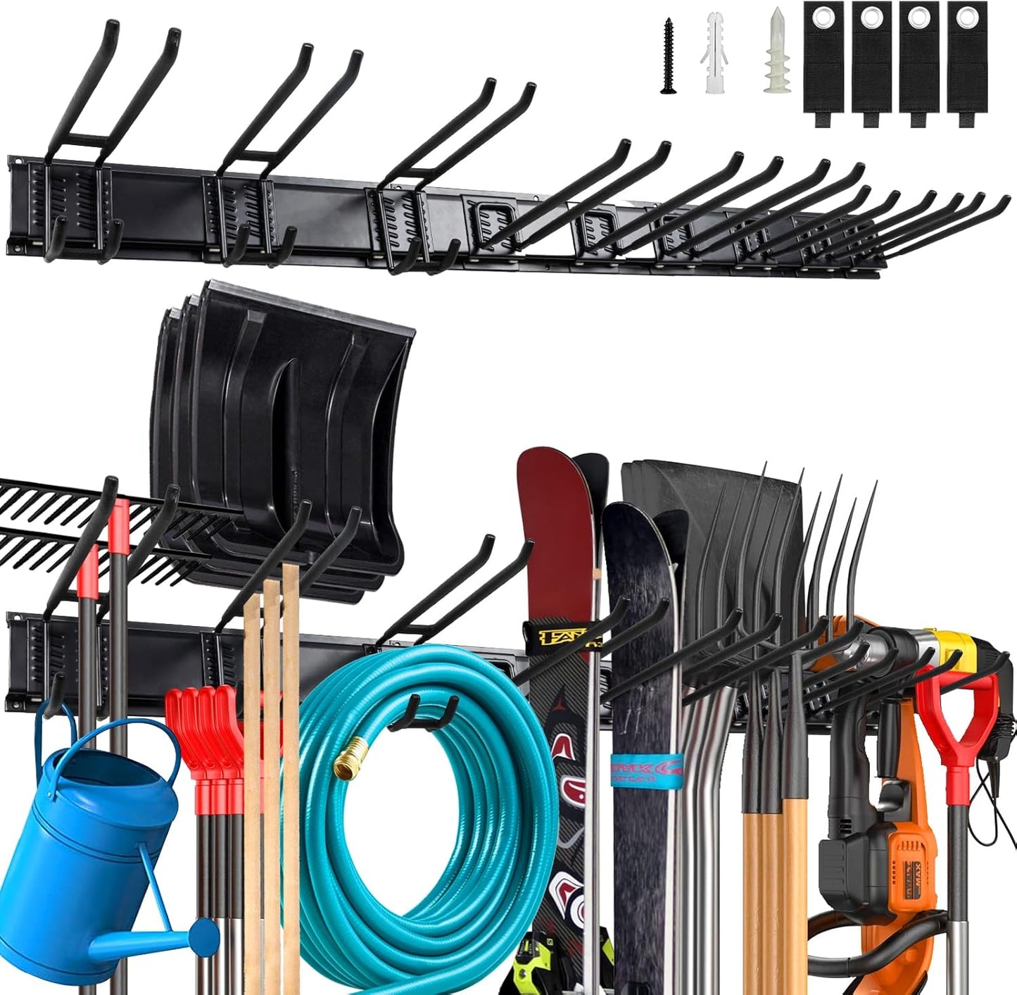 Wall Mount Garden Tool Organizer 68 Inches Max Load 730lbs Garage Storage, Garage Organization, Adjustable with 9 Heavy Duty Hooks and 4 Cable Ties, Yard Shed and Power Tool Organizer Rack