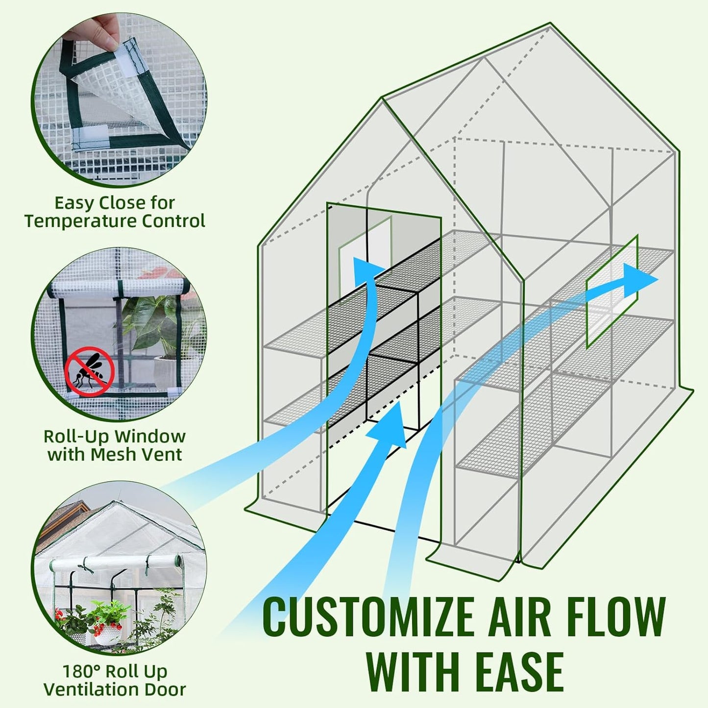 Greengro Greenhouse, 57 x 57 x 76'' Greenhouses for Outdoors, Portable Greenhouse Kit with Mesh Side Windows, PE Cover, 8 Shelves, Heavy Duty Walk in Green House for Backyard Garden Indoor Outside