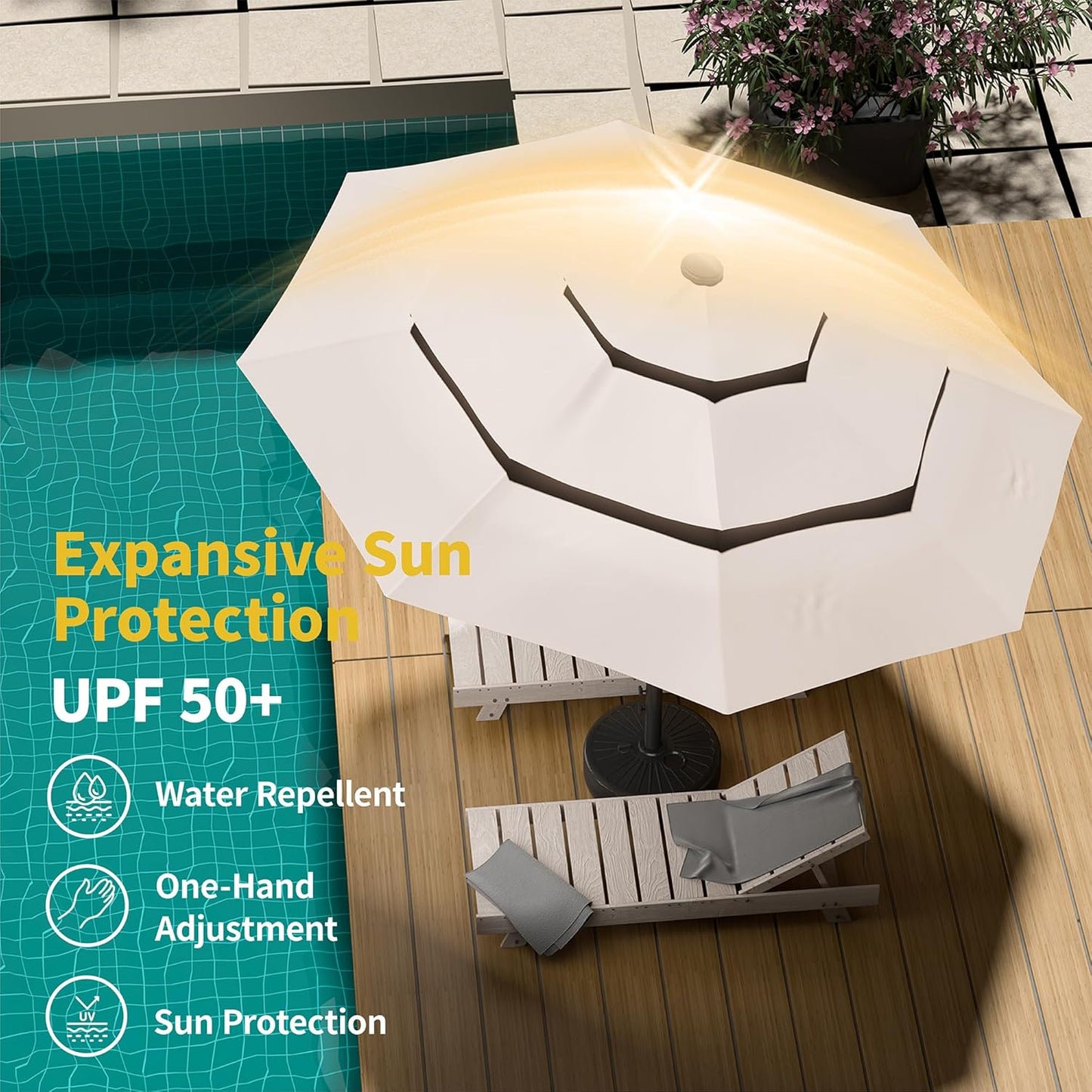 Kingdura 9ft 3-Tier Patio Umbrella with Solar Lights, Table Umbrella Outdoor Patio with Easy Crank & Tilt, 8 Sturdy Ribs, UV Protection, 32 LED Lights for Deck, Poolside, Market (Beige)