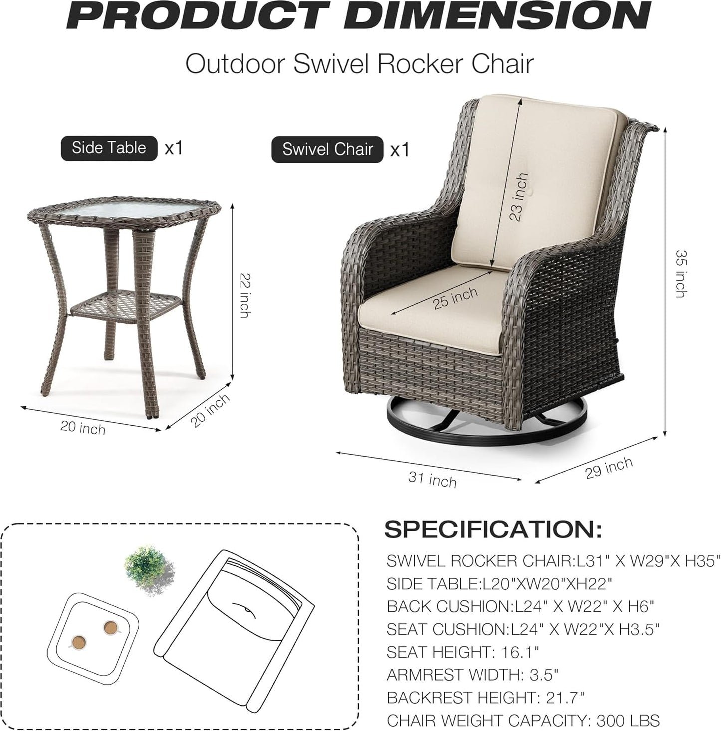 Joyside Outdoor Swivel Rocker Patio Chair and Matching Side Table - 2-Piece Wicker Patio Bistro Set with Premium Fabric Cushions(Brown Mixed with Grey/Beige)