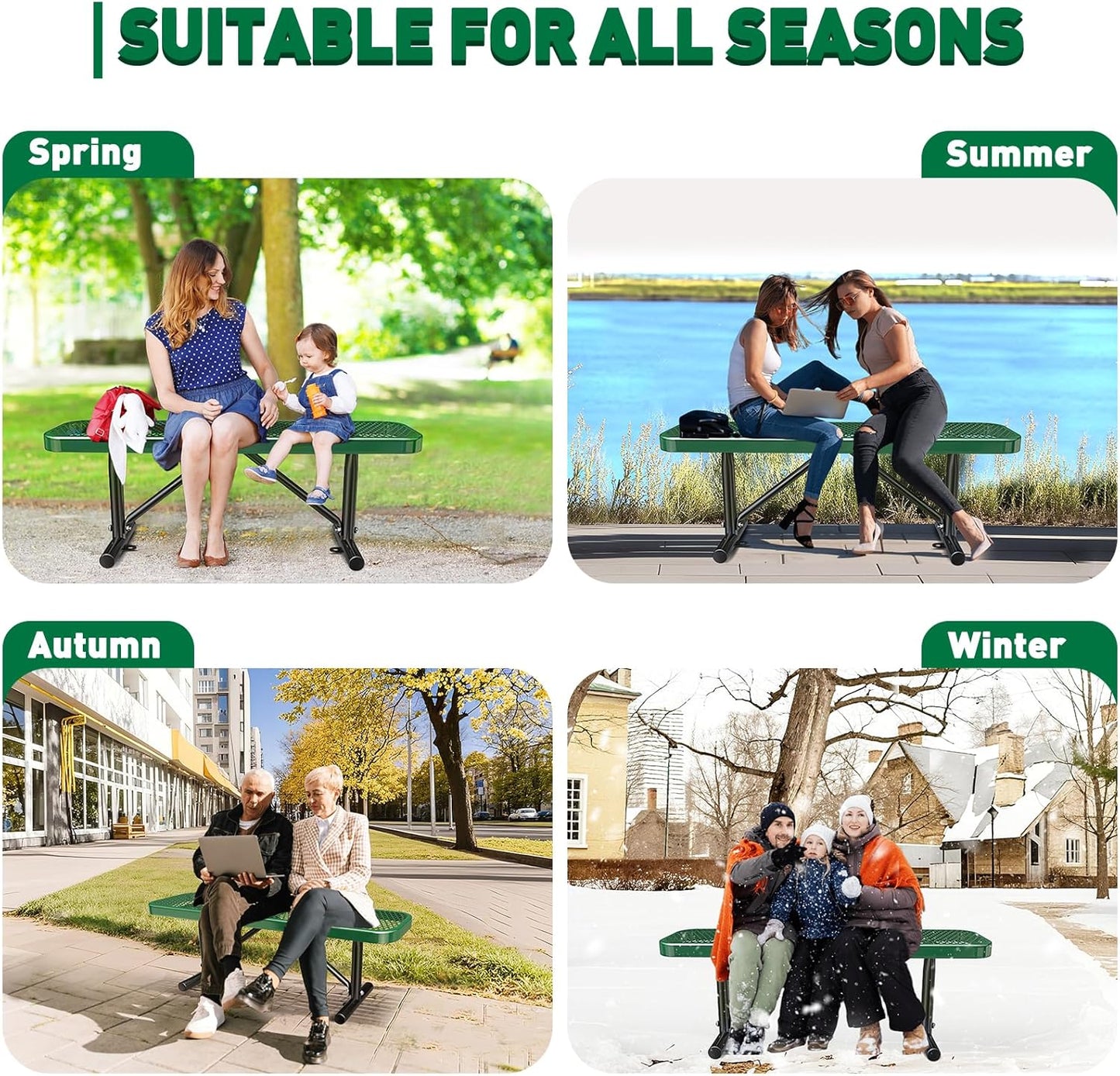 Thermoplastic Coated Iron Park Bench for Outside, Heavy Duty Metal Garden Bench, Expanded Commercial Grade Seating for Shopping Malls, Lawn Yard Porch Entryway (Green without Backrest, 48IN)