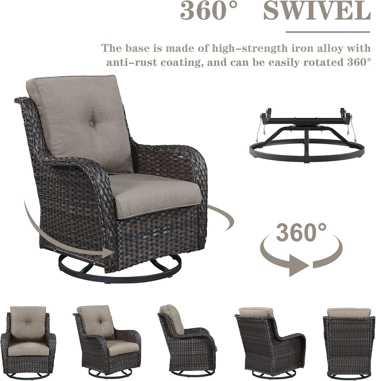 Outdoor Patio Furniture Set with 50000BTU Propane Fire Pit Table, 7 Pieces Wicker Patio Conversation Set with 2 Swivel Glider Rocker Chair Rattan Sofa Grey Cushion Perfect for Casual Gathering