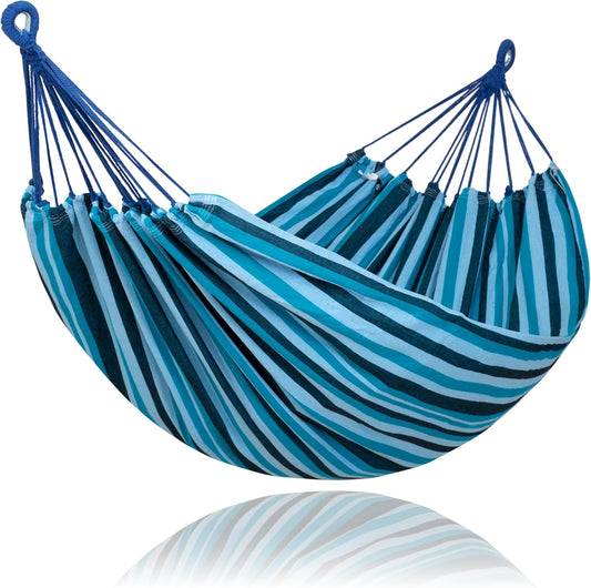 SUNCREAT Hammocks Outdoor Camping Double Hammock, Extra Large 2 Person Hammock for Camping, Blue Stripes
