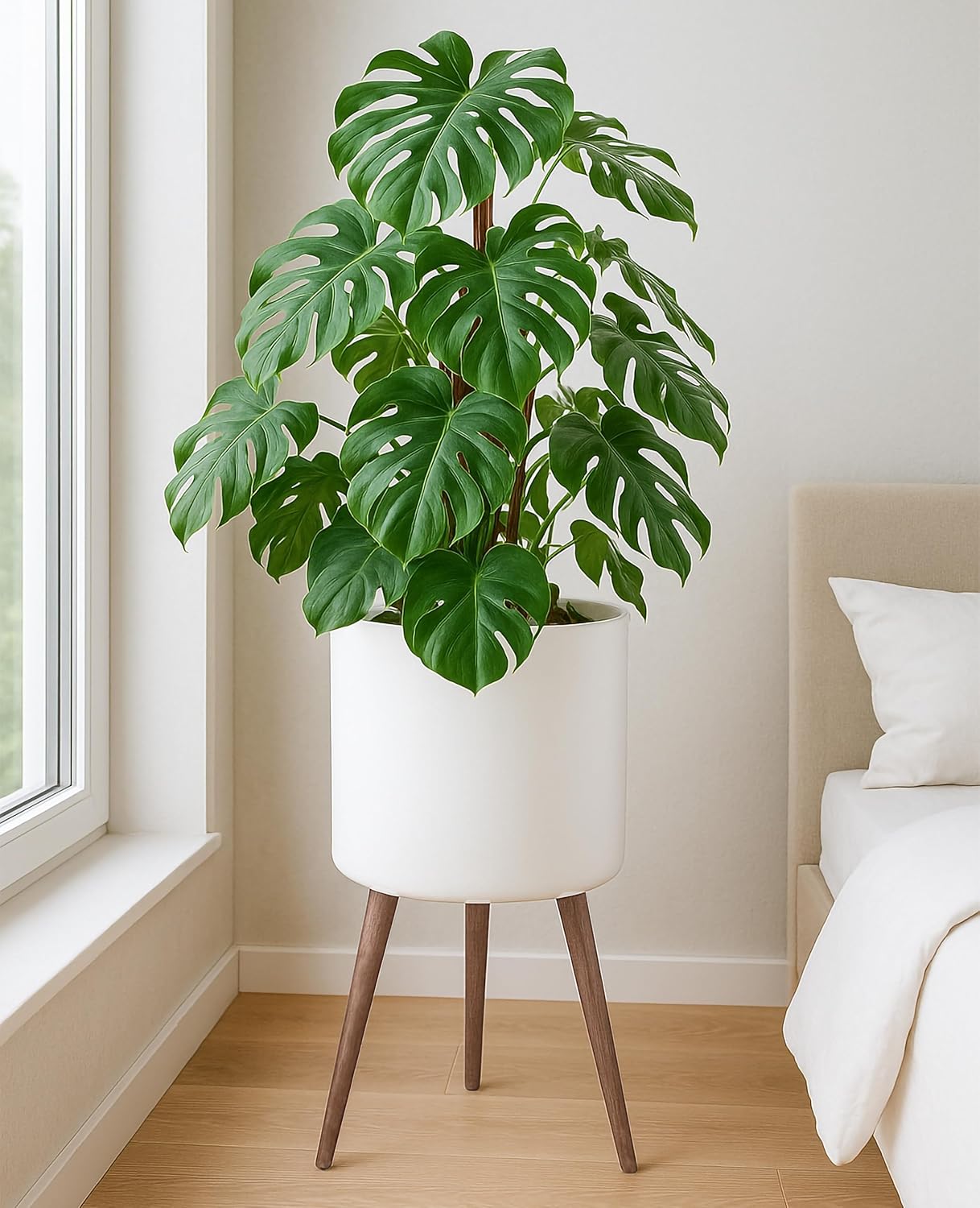 D'vine Dev 16 Inch Planter Pot with Stand, Mid-Century Tall Plant Pot with Legs for Indoor Plants, XX-Large, White, 88-O-E-1