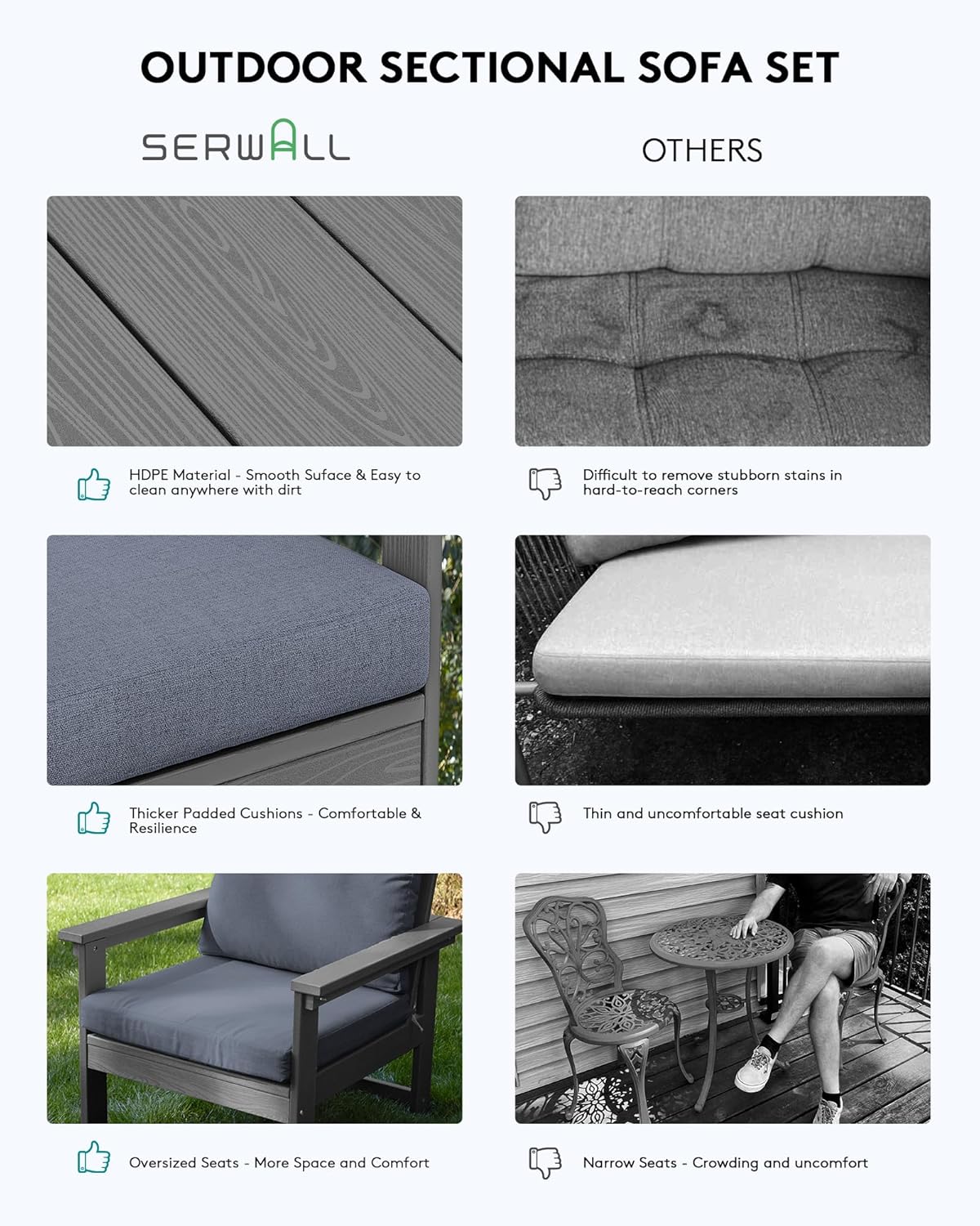 SERWALL HDPE Patio Conversation Set, 6-Piece Sectional Outdoor Furniture Set, All Weather Outdoor Couch Set Patio Furniture Set for Deck, Lawn, Grey Frame with Grey Cushion