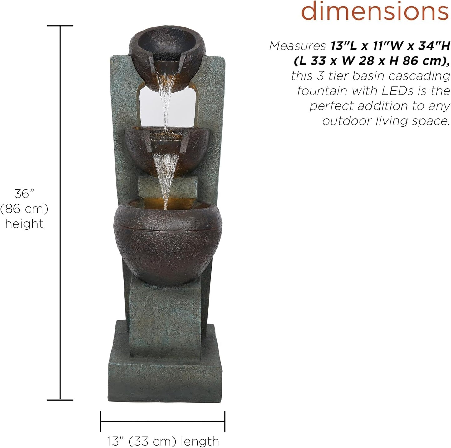 Alpine Corporation TZL400 34" 3 Tier Basin Cascading Fountain with LED Lights, Elegant Outdoor Water Feature for Garden, Patio, Yard & Outdoor Spaces, Relaxing Waterfall Fountain, Gray