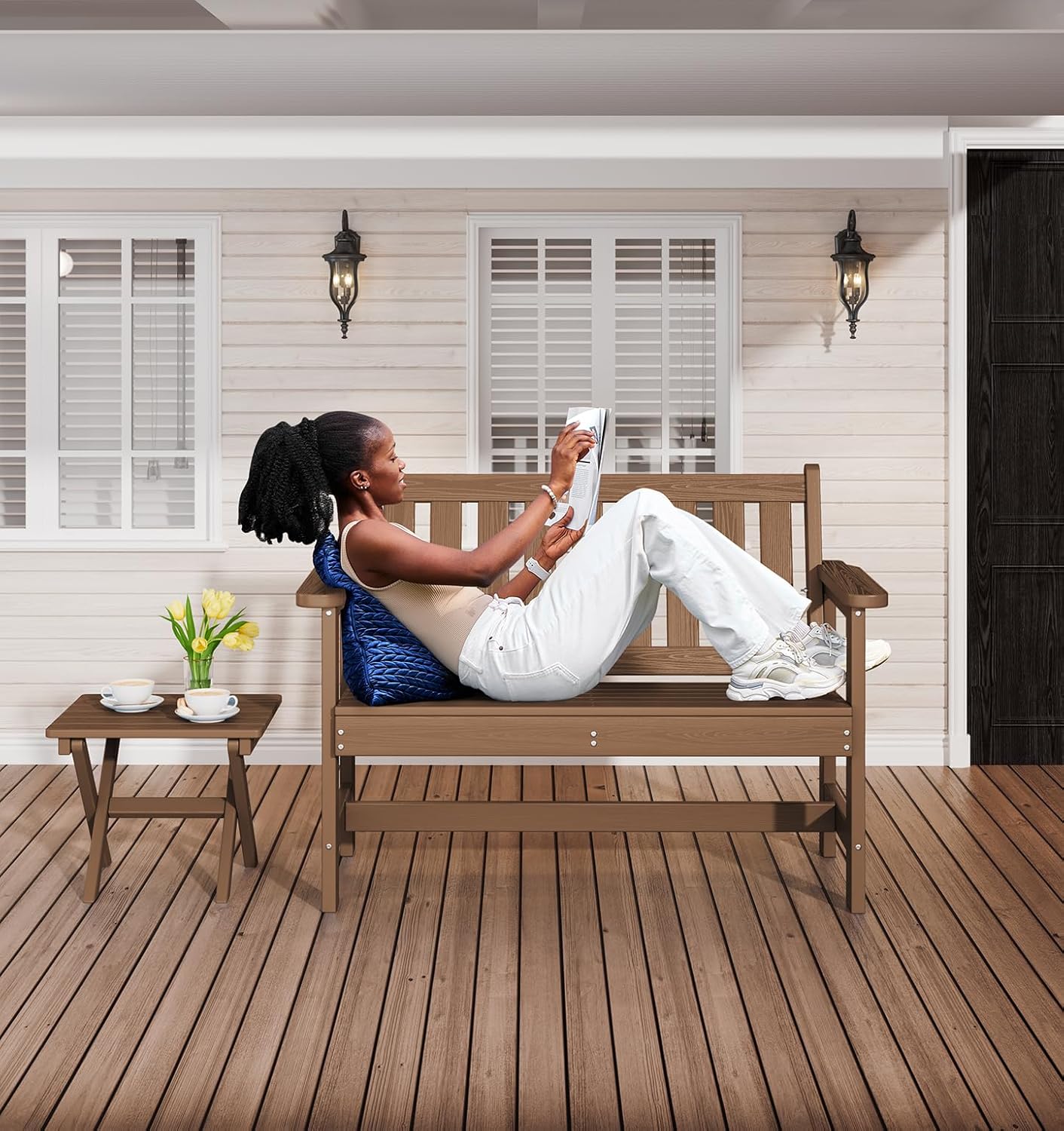 SERWALL Outdoor Bench, HDPE Outdoor Benches Weatherproof, 2-Person Garden Bench with 660 lbs Weight Capacity, Patio Benches for Outdoors, Garden, Porch, Backyard and Park, Brown, 4 Pack