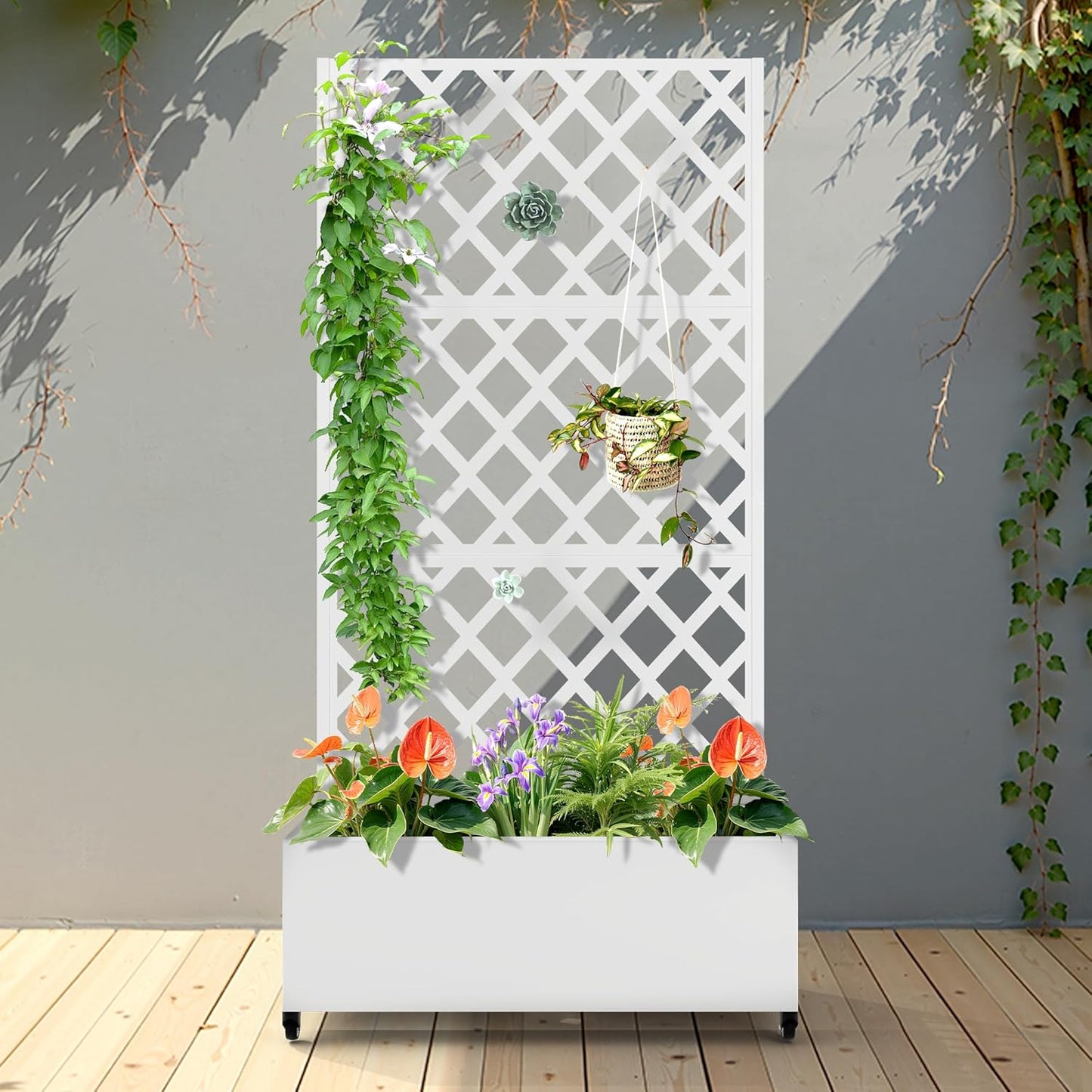 FENCY Metal Planter Box with Diamond Lattice Trellis Planter Box for Climbing Plants/Vines, Galvanized Raised Garden Bed On Wheels, Garden Bed with Trellis(73"x35" White)
