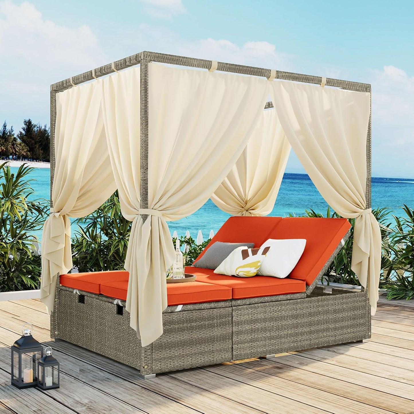 Patio Chaise Lounge, Gray PE Rattan Outdoor Patio Wicker Sunbed Daybed with Adjustable Seats, Four-sided Canopy, Overhead Curtain and Orange Cushion for Backyard, Garden, Poolside (for 2-6 people)