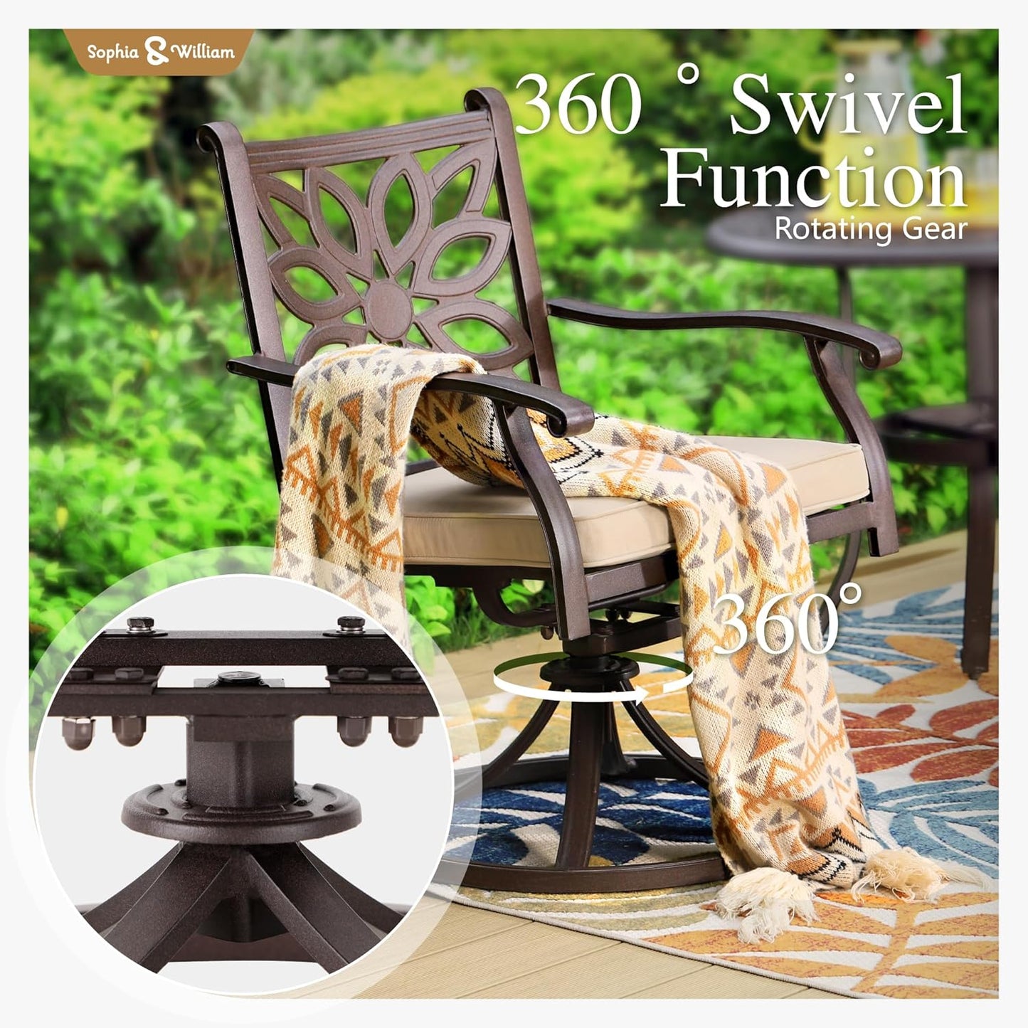 Sophia & William 7 Pieces Cast Aluminium Patio Dining Set for 6 People, Powder-Coating Outdoor Table and 4 Chairs & 2 Swivel Rocking Chairs, Outdoor Patio Table Set with 2.3" Umbrella Hole, Bronze