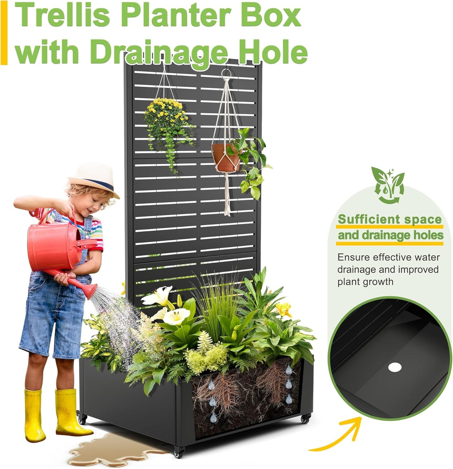 FENCY Dual Planter Boxes Metal Raised Garden Bed with Wheels and Trellis, 73"x35"x24" Privacy Screen for Vegetables, Vines & Flowers, Includes Drainage Holes