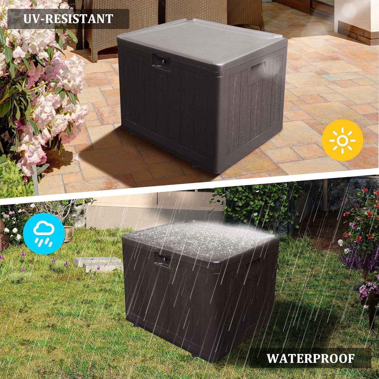 Premium Pro Edition 35 Gallon Lockable Resin Deck Box, Waterproof & UV-Resistant Outdoor Storage Box for Outdoor Storage, Garden Tools & Pool Accessories Storage, Brown
