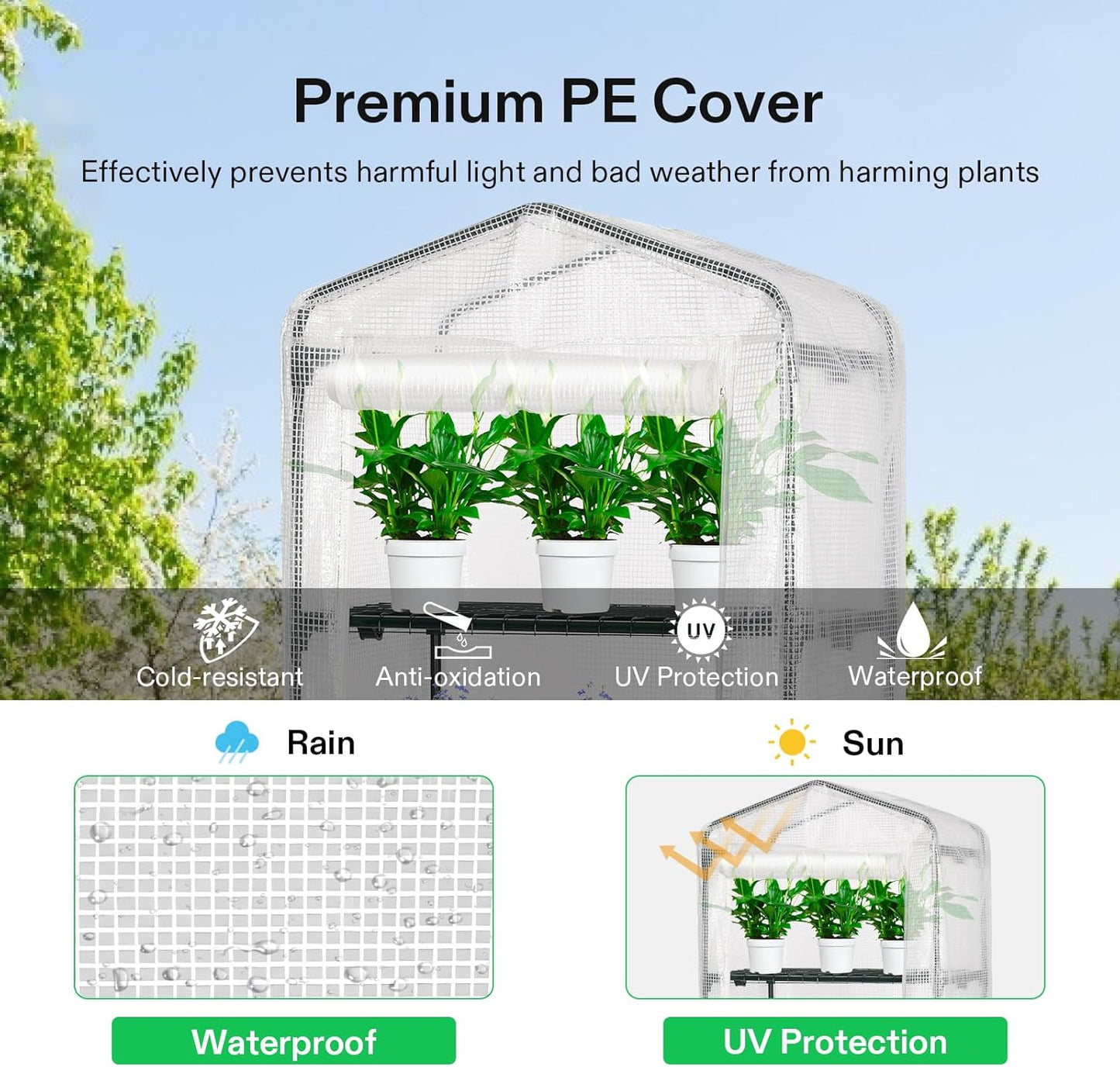 VIVOSUN Mini 4-Tier Greenhouse with Wheels, 27 x 19 x 63-Inch Reusable Portable Warm House with White PE Cover and Shelf for Compact Garden and Small Backyards, with Wheels