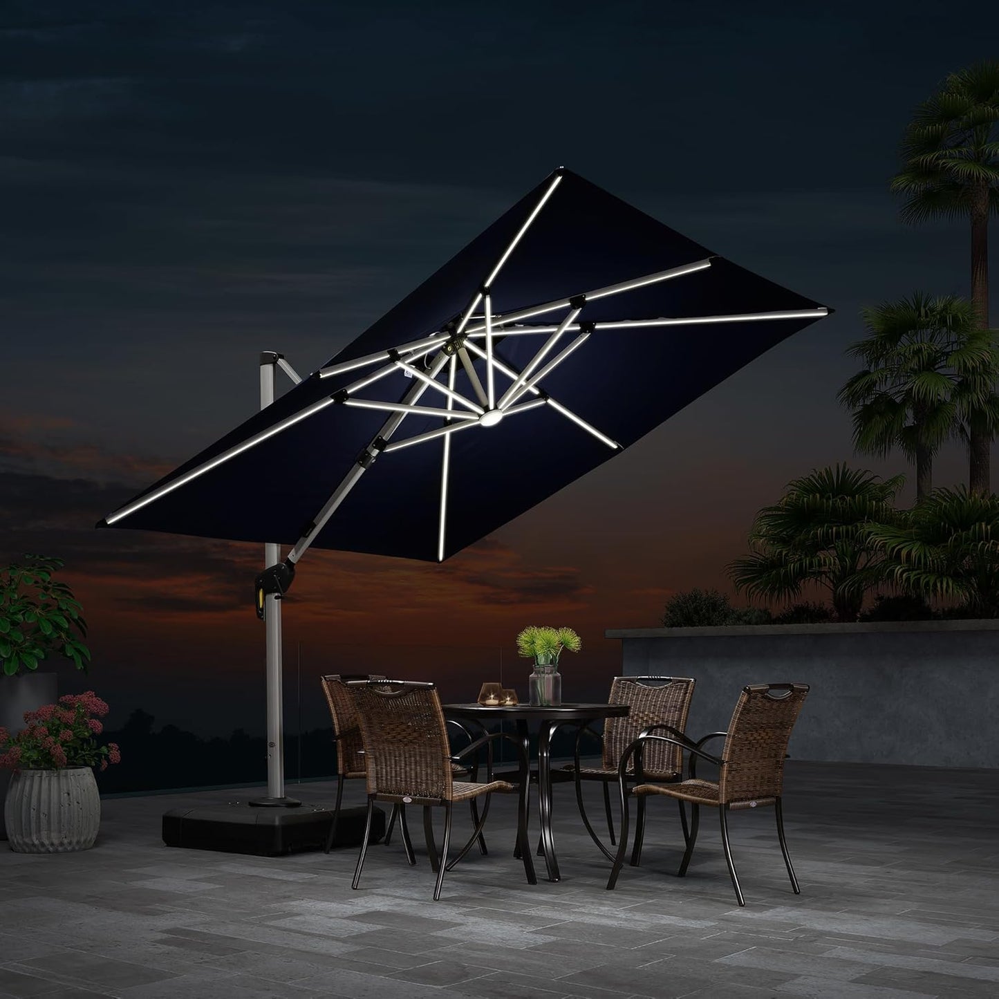 PURPLE LEAF 9 Feet Double Top Deluxe Solar Powered LED Square Patio Umbrella Offset Hanging Umbrella Outdoor Market Umbrella Garden Umbrella, Navy Blue