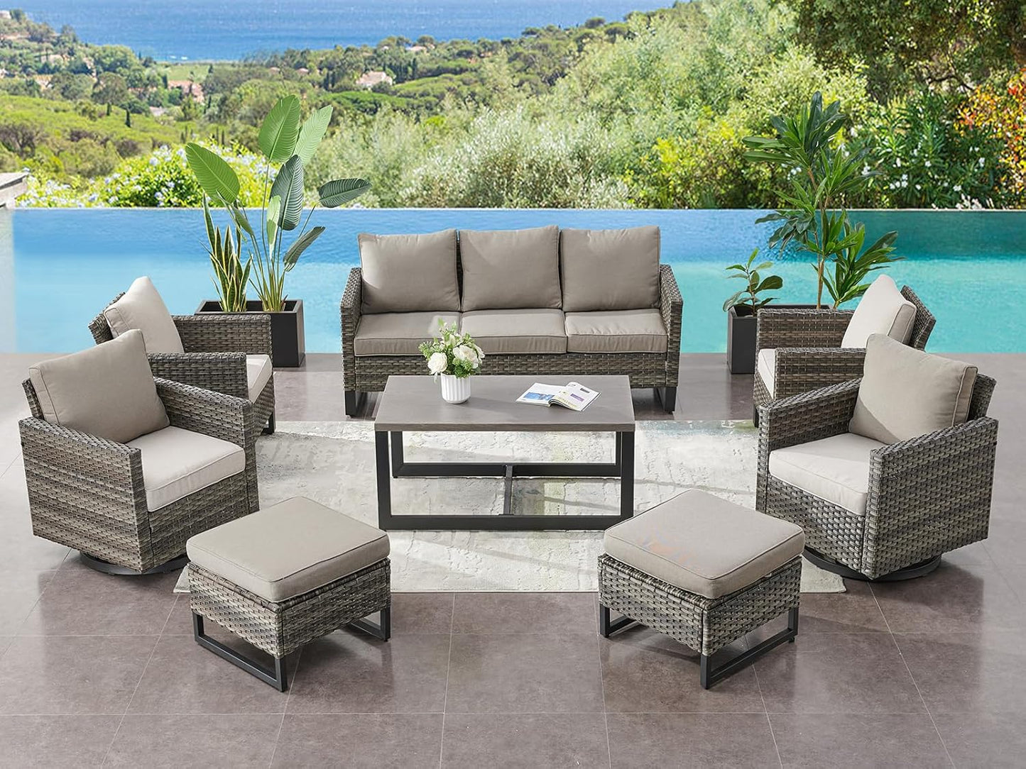 HUMMUH 8 Piece Patio Furniture Set All Weather Wicker Outdoor Sectional Sofa with Patio Chairs,Patio Swivel Glider Chairs Ottomans Coffee Table for Porch,Garden,Backyard