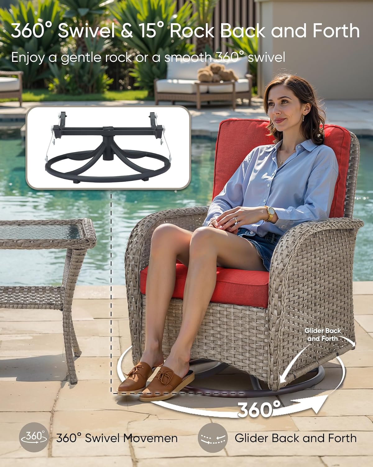 HUMMUH Wicker Patio Furniture Set-All Weather Rattan Patio Sofa Set with Swivel Rocker Chairs Outdoor Conversation Set for Deck Lawn Porch Balcony Poolside-Grey/Red