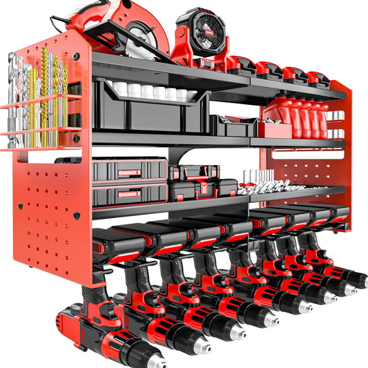 Metal Power Tool Organizer Rack Wall Mount, Garage Tool Drill Storage Shelves with Screwdriver Plier Holder (Red, 8 Drills Holder)