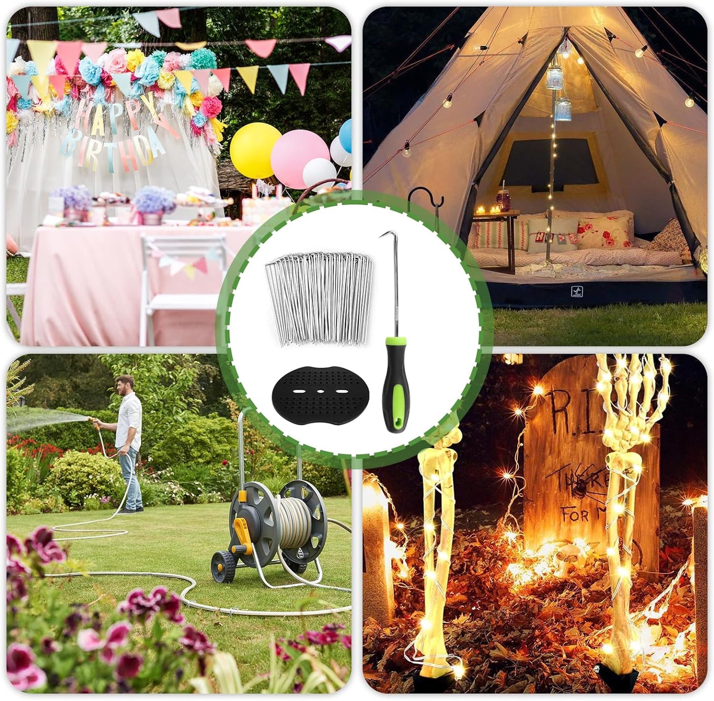 Garden Stakes,6 Inch 11 Gauge 100pcs Galvanized Landscape Staples + 100pcs Gaskets + 1Pick Hook, Tent Stakes Landscaping Fabric SOD Pins for Weed Fabric Barrier,Groud Cover,Fence