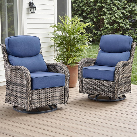 Outdoor Patio Swivel Rocker Chairs Set of 2, Waterproof Wicker, High Back, Deep Seating, Wide Armrest, Upgraded 6 inch Thick Cushions, Ideal for Deck Porch Backyard, Mixed Grey/Blue