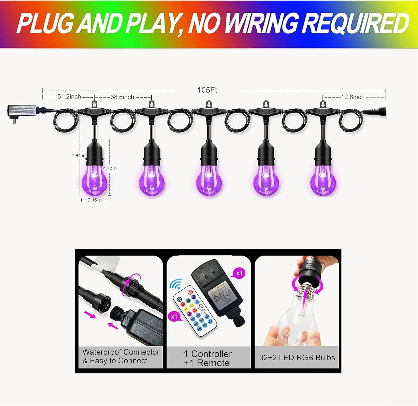 Auroraworld Outdoor String Lights RGB, 105FT LED Color Changing Patio Lights with Shatterproof Bulbs for Backyard