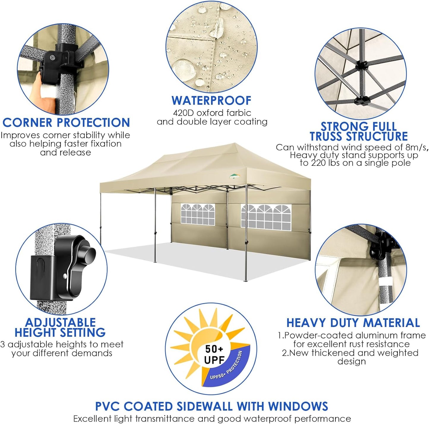 COBIZI 10x20 Canopy with Sidewalls, Heavy Duty Party Tent Pop up carpas para Fiestas, Tents for Parties, Wedding, Outdoor Easy Pop up Foldable Portable Canopy Tent with Wheeled Bag, Khaki Upgrade
