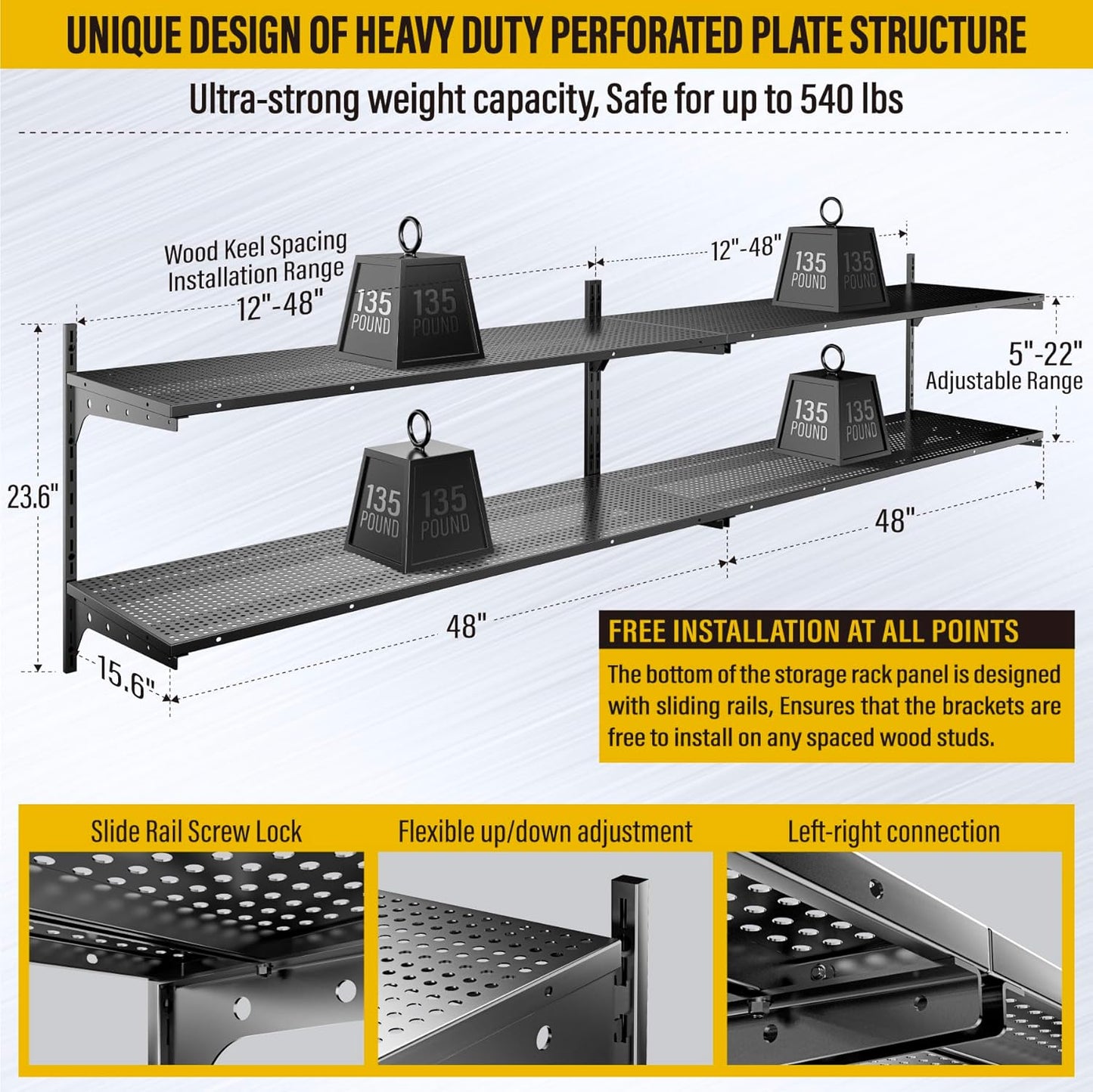 2-Pack 2 Tier 1.3x4ft Garage Shelving Wall Mounted, 800 lbs Load Capacity，15.6x48inch per Shelf Height Cassette Adjustable Floating Shelves(Black)