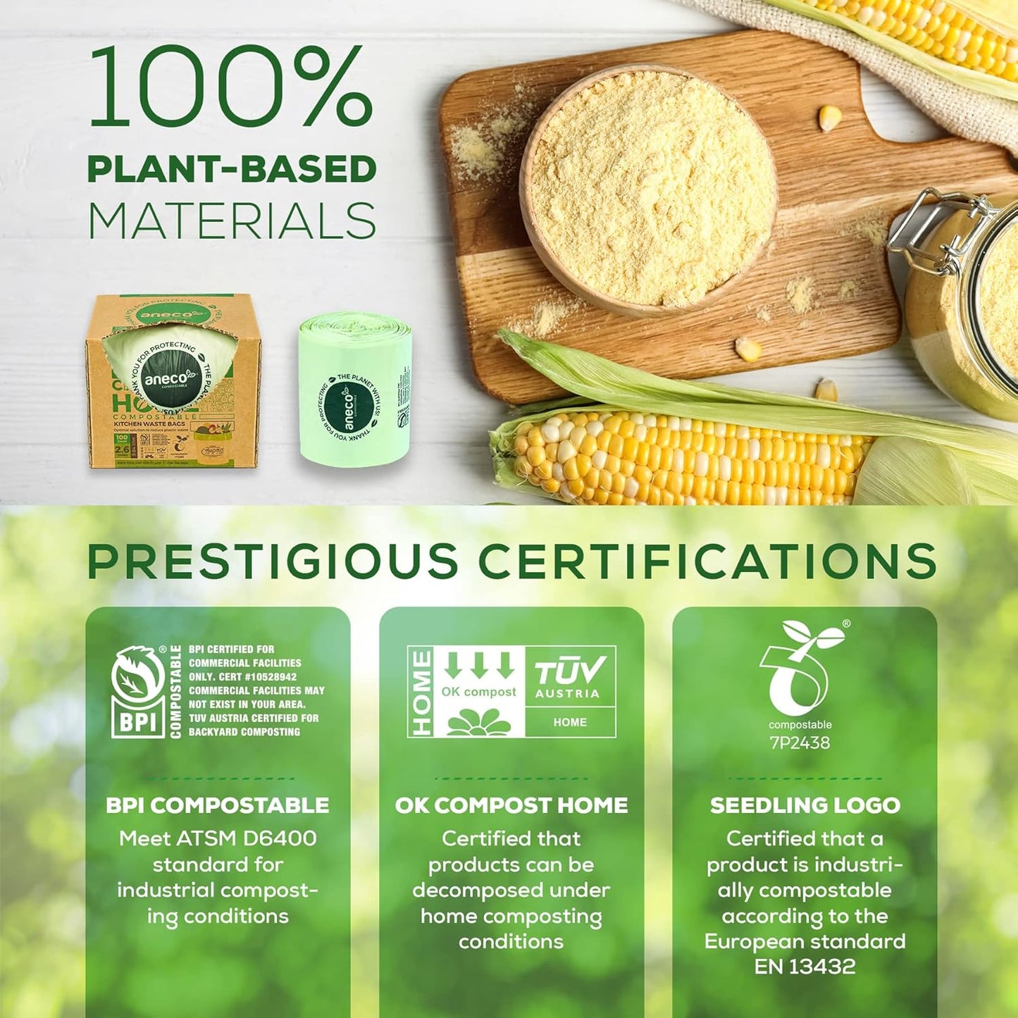 ANECO 100% Compostable Waste Bags 2.6 Gallon, Extra Thick Kitchen Small Compost Bags for Countertop Bin (100 Count)