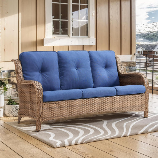Outdoor Couch Wicker Patio Sofa - 75Inch Rattan Sofa with Hight Backrest Wide Armrest, All Weather Outdoor 3 Seater Seating Wicker Couch for Balcony Proch Deck Backyard Yellow/Blue