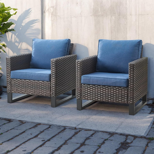 HUMMUH Patio Chairs Set of 2 PE Wicker Outdoor Dining Chairs High Back Deep Seating Porch Chairs with 4inch Seat Cushions